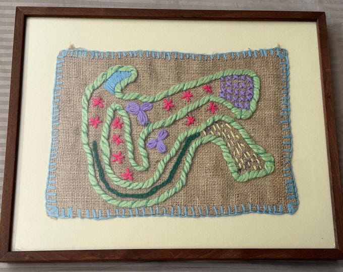 Vintage Abstract Figural Yarn Burlap Woven Crewel Embroidery Art Framed Modern 70s