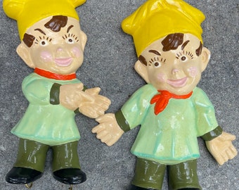 Pair 60s Chalkware Boy Chef Wall Hanging Utensil Key Holders Kitsch Mid Century