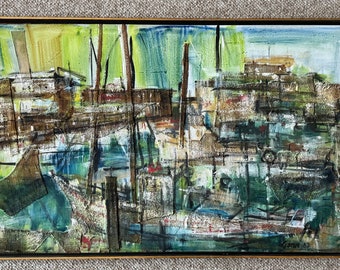 Vintage 1960s Mixed Media Harbor Abstract Oil Painting Mid Century MCM Modern Signed Gamm