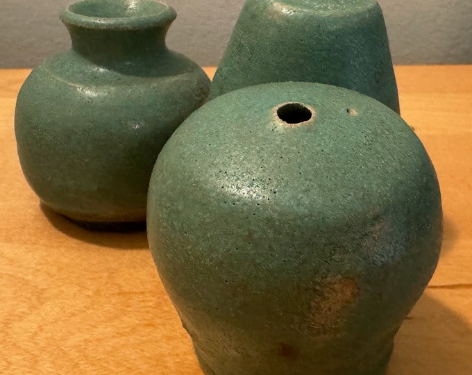 Vintage Handmade 70s Teal Triple Vessel Studio Pottery Ceramic Stoneware Vase Modern MCM