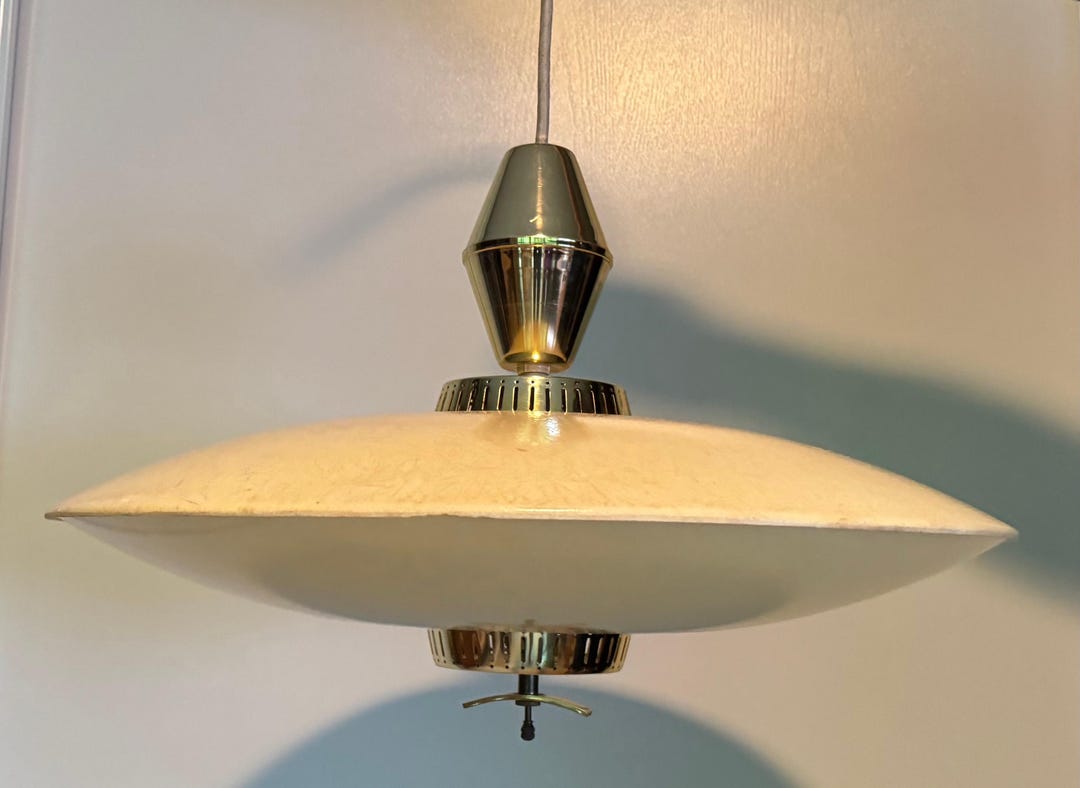 Vintage MCM Beige Fiberglass Saucer Pendant Light Lamp Mid Century
