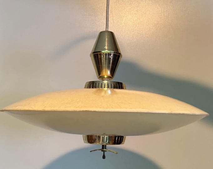 Vintage MCM Beige Fiberglass Saucer Pendant Light Lamp Mid Century Modern Atomic Era 50s