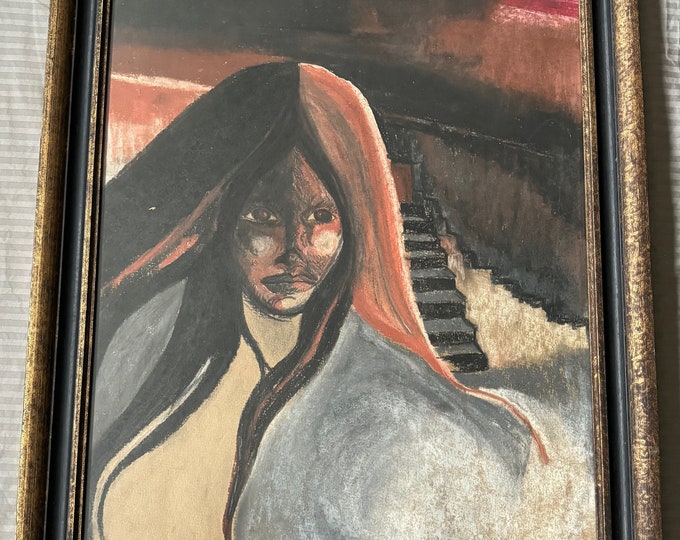 Vintage 60s Southwest Woman Landscape Pastel Painting Modern MCM Art Mid Century
