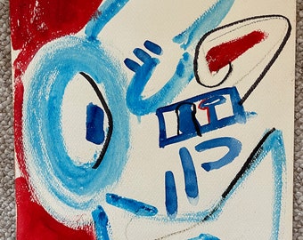 Fun Colorful Red Blue Vintage Abstract Watercolor Painting Modern Signed Groginski Outsider Art