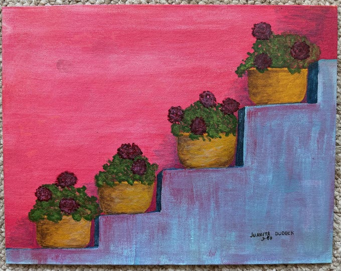 Vintage 60s Floral Still Life Steps Oil Painting Modern Art Wall Hanging Dudeck