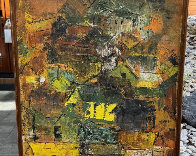 Vintage MCM Abstract Architectural Oil Painting Modern Art Mid Century 1960s