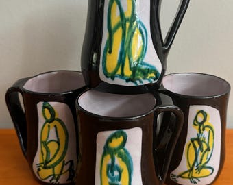 Set Vintage 1960s Abstract Figural Ceramic Mugs Luciano Rumi Italy Handcrafted