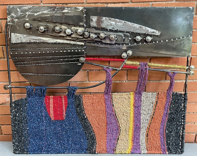 Large One-Of-A-Kind Vintage Brother Mel Mixed Media Fiber Art Steel Sculptural Wall Hanging Modern 70s 80s