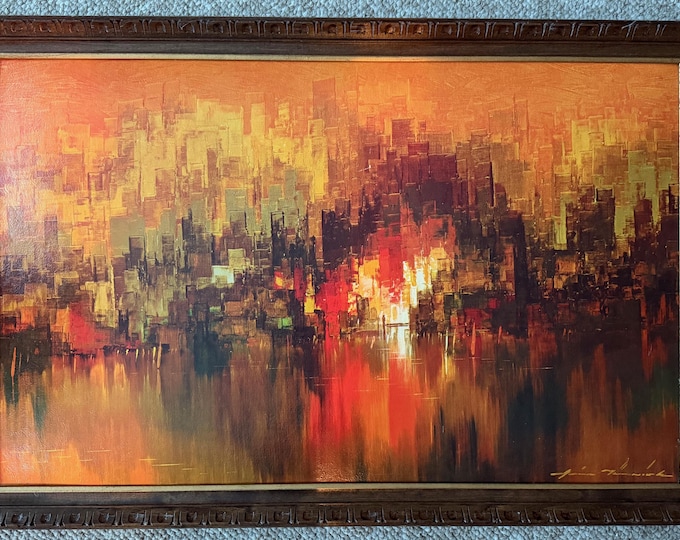 Vintage MCM Abstract Cityscape Lithograph Print Mid Century Modern Wall Art 60s