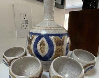 Vintage 60s Ceramic Stoneware Sake Set Mid Century Modern Pottery Decanter Cups