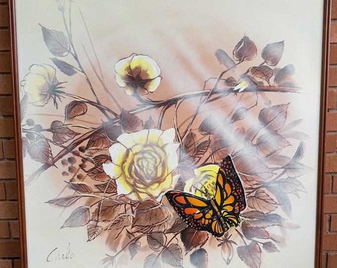 Vintage 60s MCM Butterfly Flowers Painting Mid Century Modern Art Signed Carlo