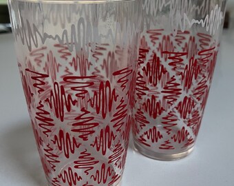 Pair Vintage 60s Hazel Atlas Red White Squiggles Large Glasses Mid Century Modern Kitsch