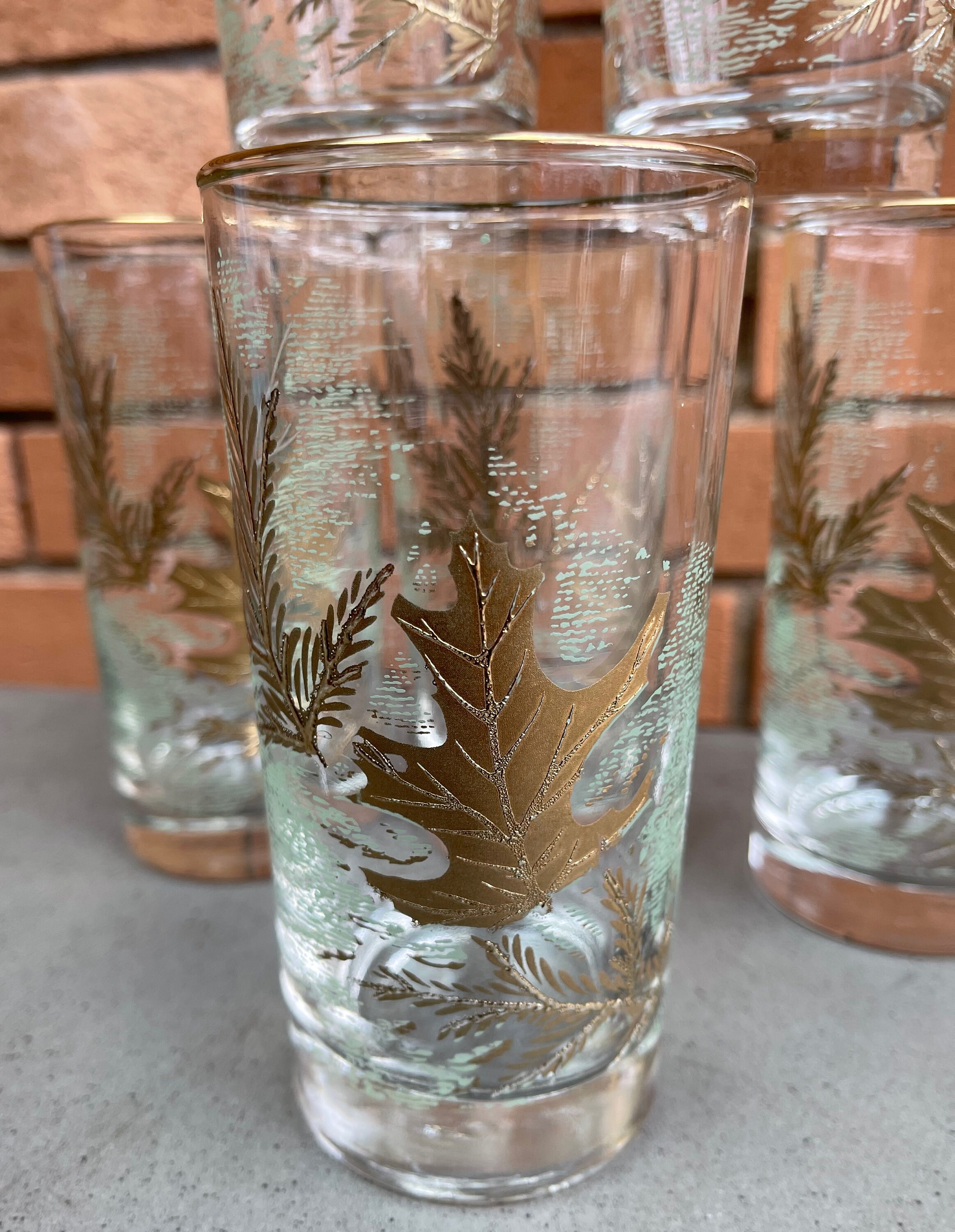 Set 6 Vintage LIbby Green Gold Oak Leaf Tumblers Glasses Mid Century