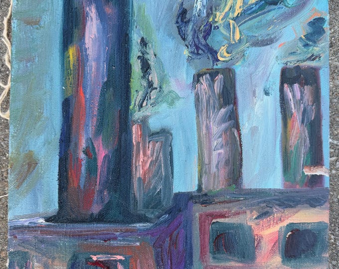 Vintage Abstract Acrylic Painting Modern Art Architecture Buildings Smoke Stacks