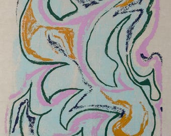 Vintage 70s Pastel Print Limited Edition Abstract Modern Art Wall Hanging Signed Gold