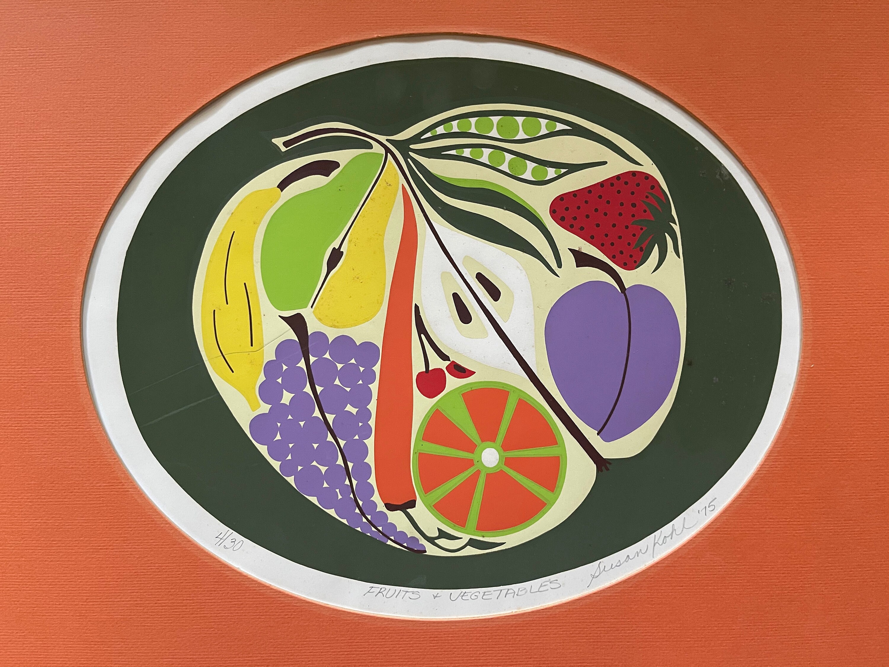 Colorful Vintage 1970s Abstract Fruits Vegetables Screen Print