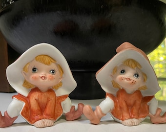 Homco Vintage 60s Porcelain Ceramic Seated Pixie Figurines Mid Century Modern Kitsch