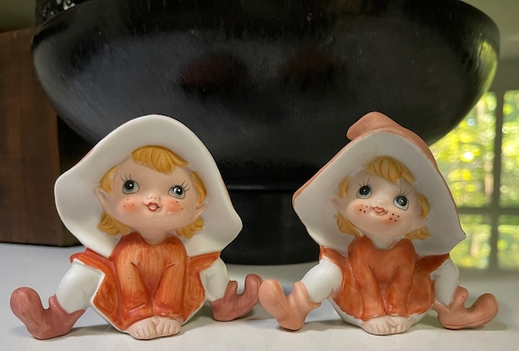 Homco Vintage 60s Porcelain Ceramic Seated Pixie Figurines Mid