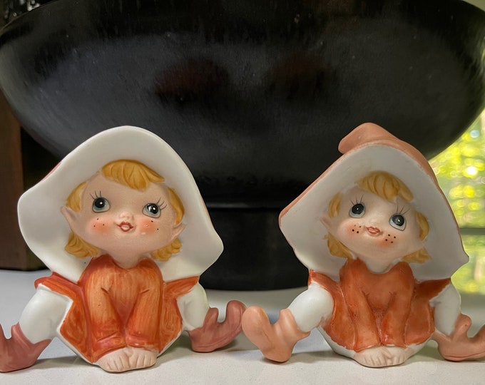 Homco Vintage 60s Porcelain Ceramic Seated Pixie Figurines Mid Century Modern Kitsch