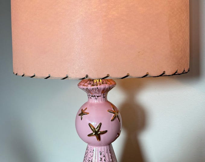 Vintage MCM Pink Starburst Ceramic Lamp Fiberglass Shade Atomic Mid Century 50s
