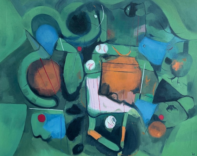 Vintage 60s MCM Abstract Oil Painting Modern Art Wall Hanging Signed Jacobs Large