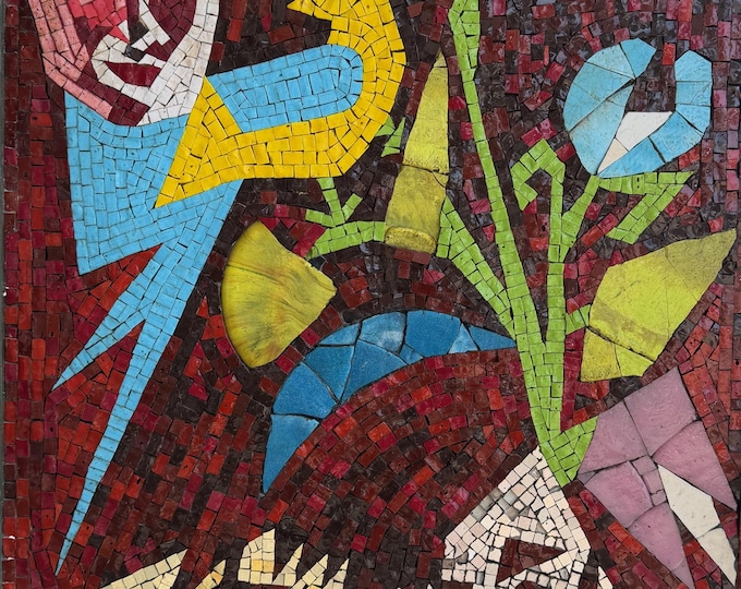 Large Abstract Vintage Tile Mosaic Wall Hanging Art Birds People Flowers 60s 70s OOAK Unique