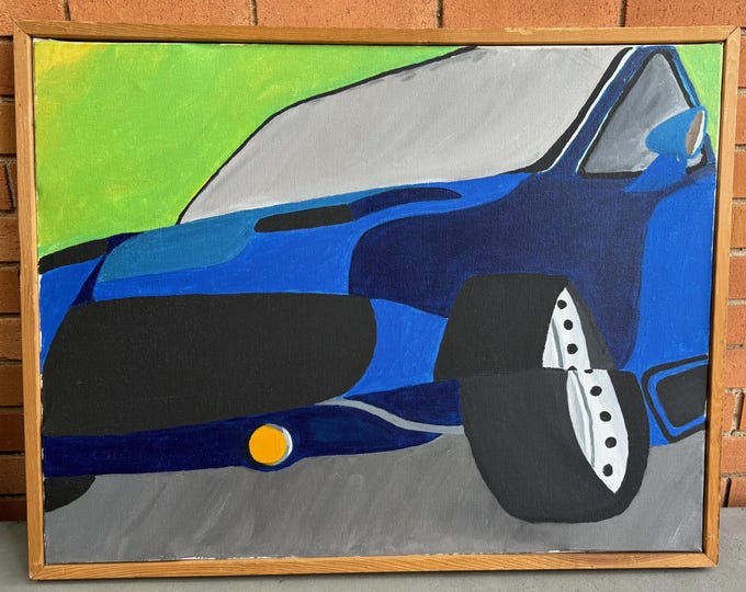Vintage 1970s Abstract Car Mach 1 Oil Painting Modern Art Wall Hanging Fleming
