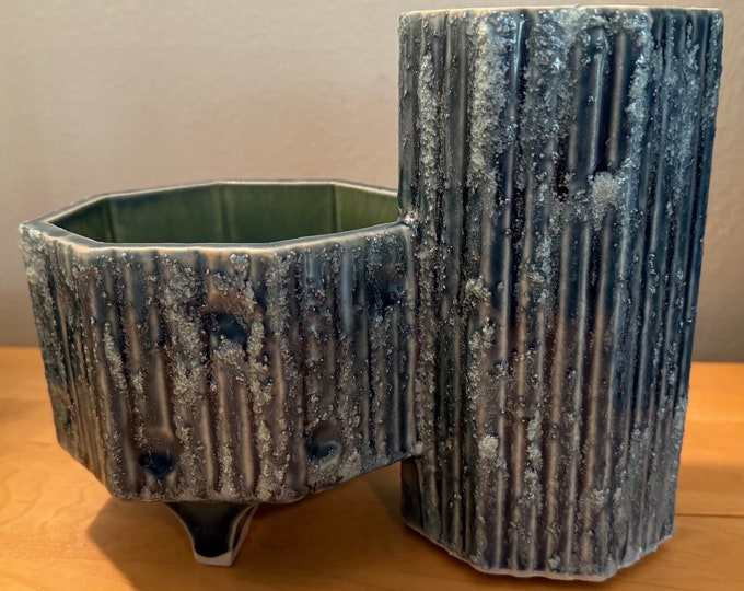 Vintage 1970s Abstract Ceramic Ikebana Style Planter Modern Pottery Blue Signed