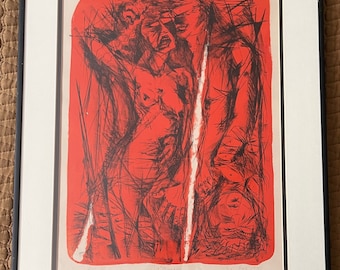 Vintage 70s Red Black Abstract Figural Lithograph A/P Modern Art Wall Hanging Signed Ira Roy