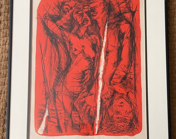 Vintage 70s Red Black Abstract Figural Lithograph A/P Modern Art Wall Hanging Signed Ira Roy
