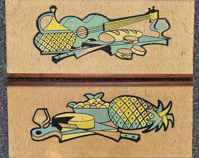 Vintage MCM Still Life Burlap Wood Wall Hangings Plaques Mid Century Modern Art Kitsch 1960s