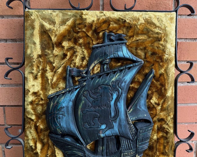 Vintage MCM Pirate Ship Nautical Wall Art Iron Frame Mid Century Modern 60s 70s