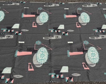 Vintage MCM Pink Turquoise Gray Barkcloth Textile Fabric Mid Century Modern 50s 60s