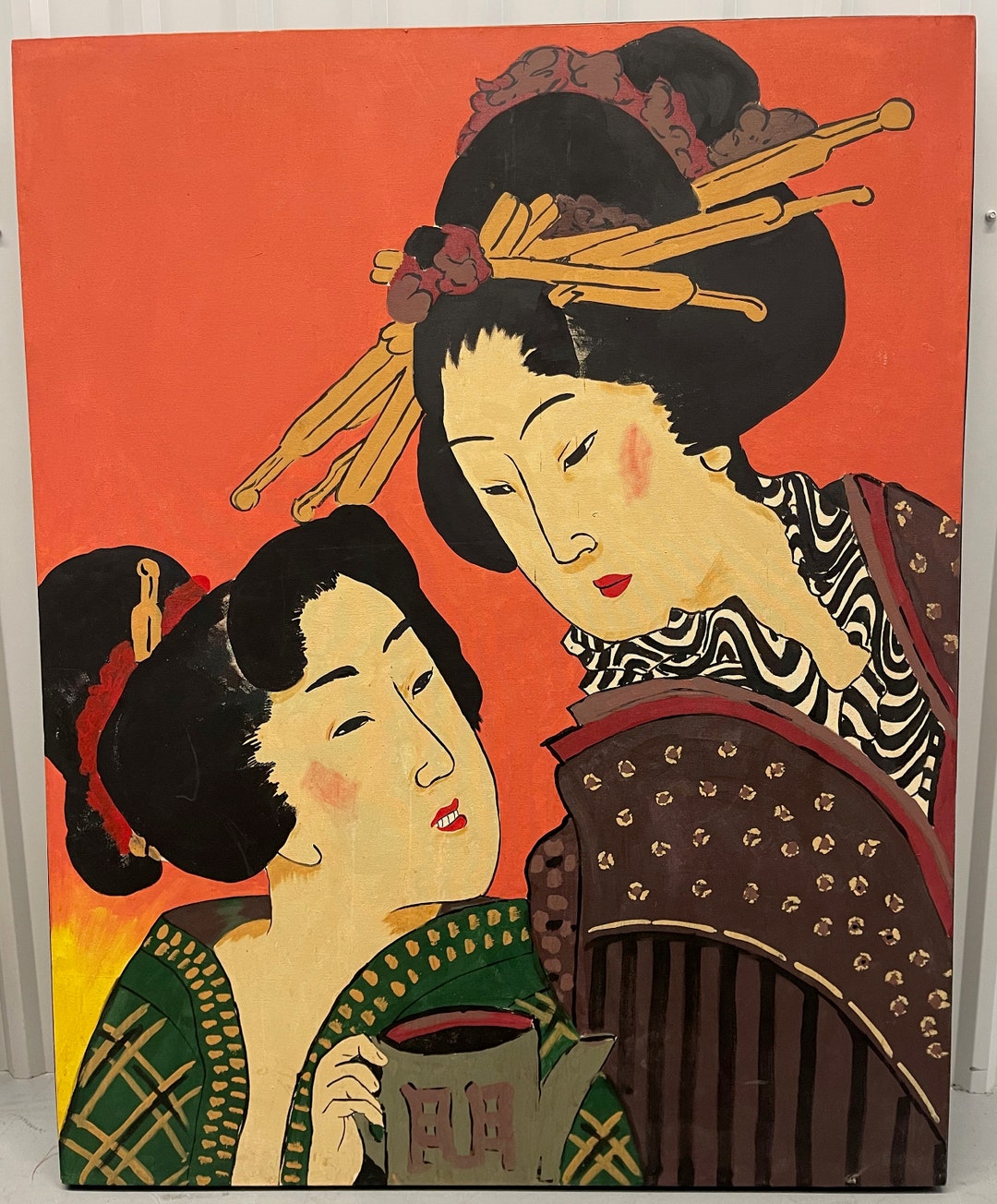 GIANT Vintage 1970s Asian Women Oil Painting Canvas Modern Art Wall ...