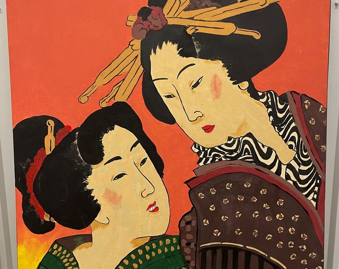 GIANT Vintage 1970s Asian Women Oil Painting Canvas Modern Art Wall Hanging