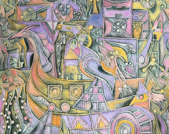 Vintage MCM Abstract Medieval Voyager Painting Mid Century Modern Art 60s Signed Brokke