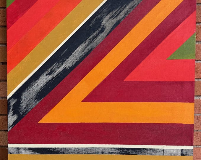 Vintage 70s Hard Edge Striped Oil Painting Modern Art Wall Hanging Multi-Color