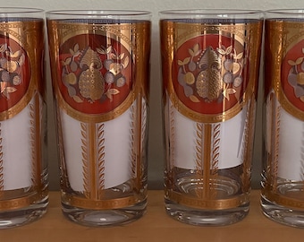 Vintage 60s Cora Gold Fruit Clusters Burgundy Drinking Glass Set Mid Century Glasses