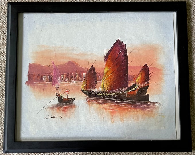 Vintage 70s Nautical Seascape Landscape Oil Painting Modern Art Wall Hanging Signed Dillion