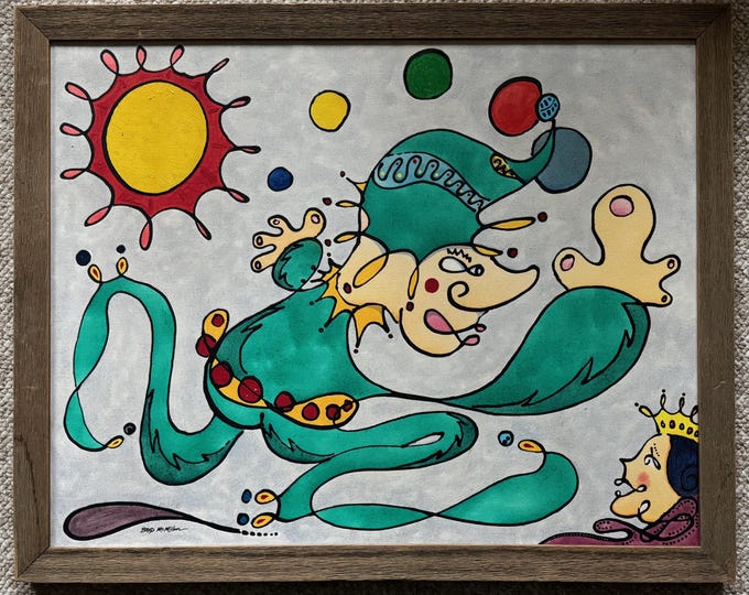 Rare Vintage Brad McMillan "Jester" Oil Painting Modern Art Wall Hanging Signed '80s