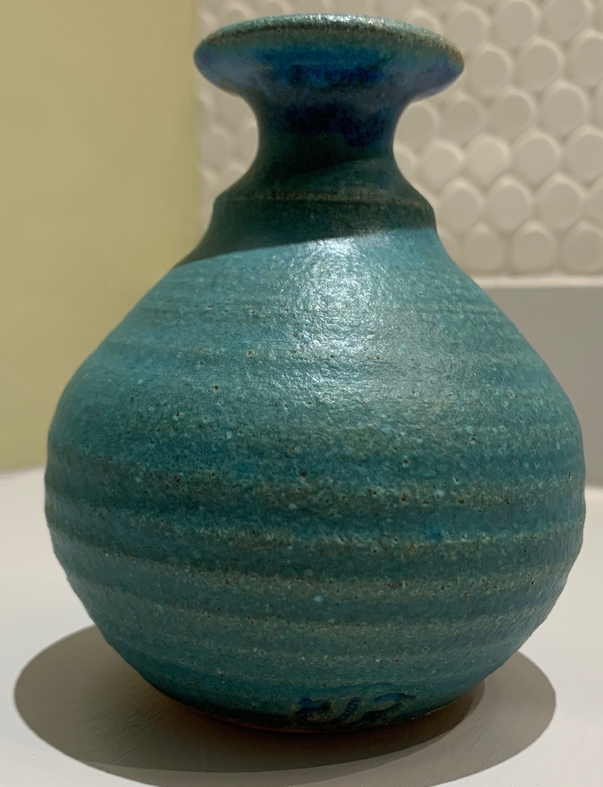 Small Vintage 70s Turquoise Ceramic Stoneware Bud Vase Mid Century