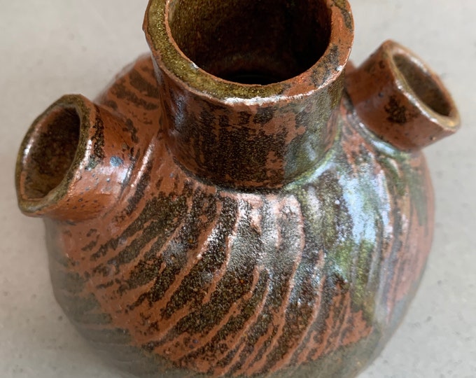 Unique Vintage 70s Triple Spout Ceramic Stoneware Vase Mid Century Modern Signed Reynolds