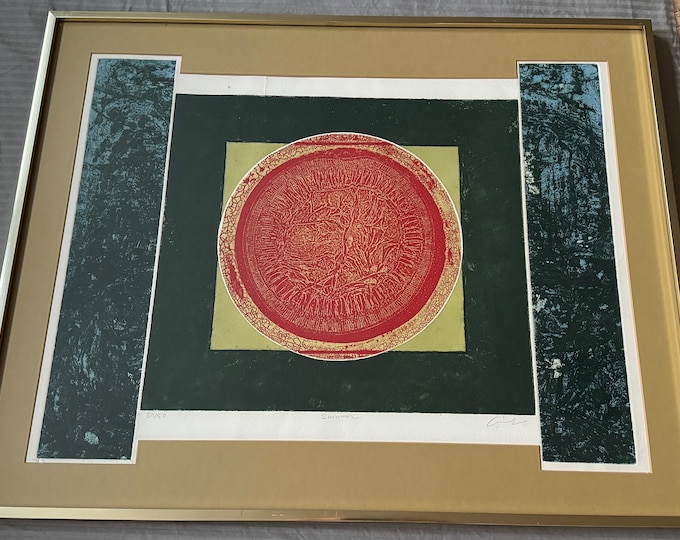 Vintage 1970s Abstract Sunset Screen Print Modern Art Wall Hanging Signed MCM