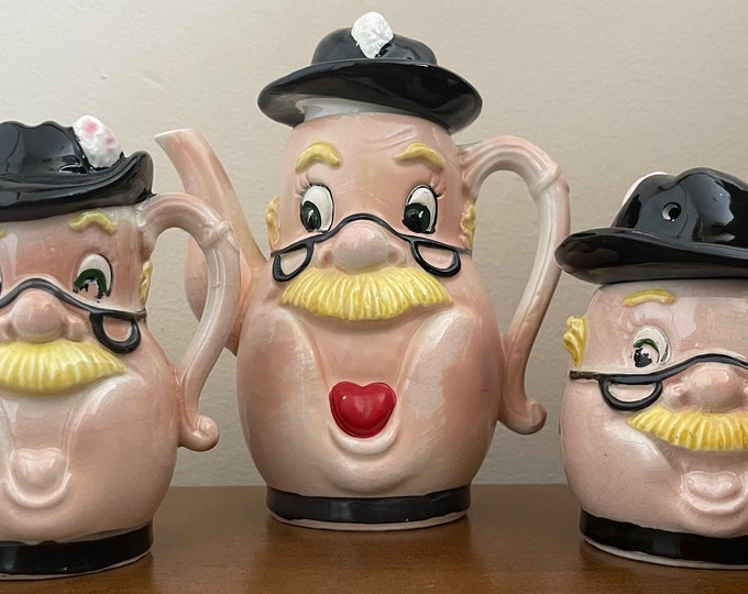 Fun Vintage Old Men Ceramic Handled Tea Pot Sugar Container Creamer Set Mid Century 60s