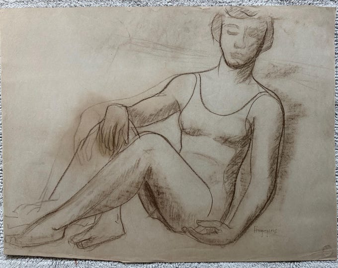 Vintage Woman Posing Charcoal Drawings Illustration Modern Art Signed Higgins 21