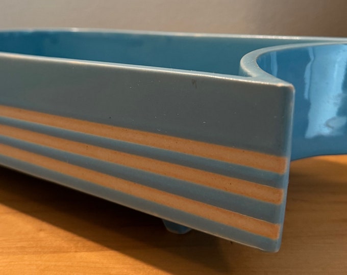 Vintage Blue White Striped Fin-Shaped Console Bowl Planter MCM Pottery Modern