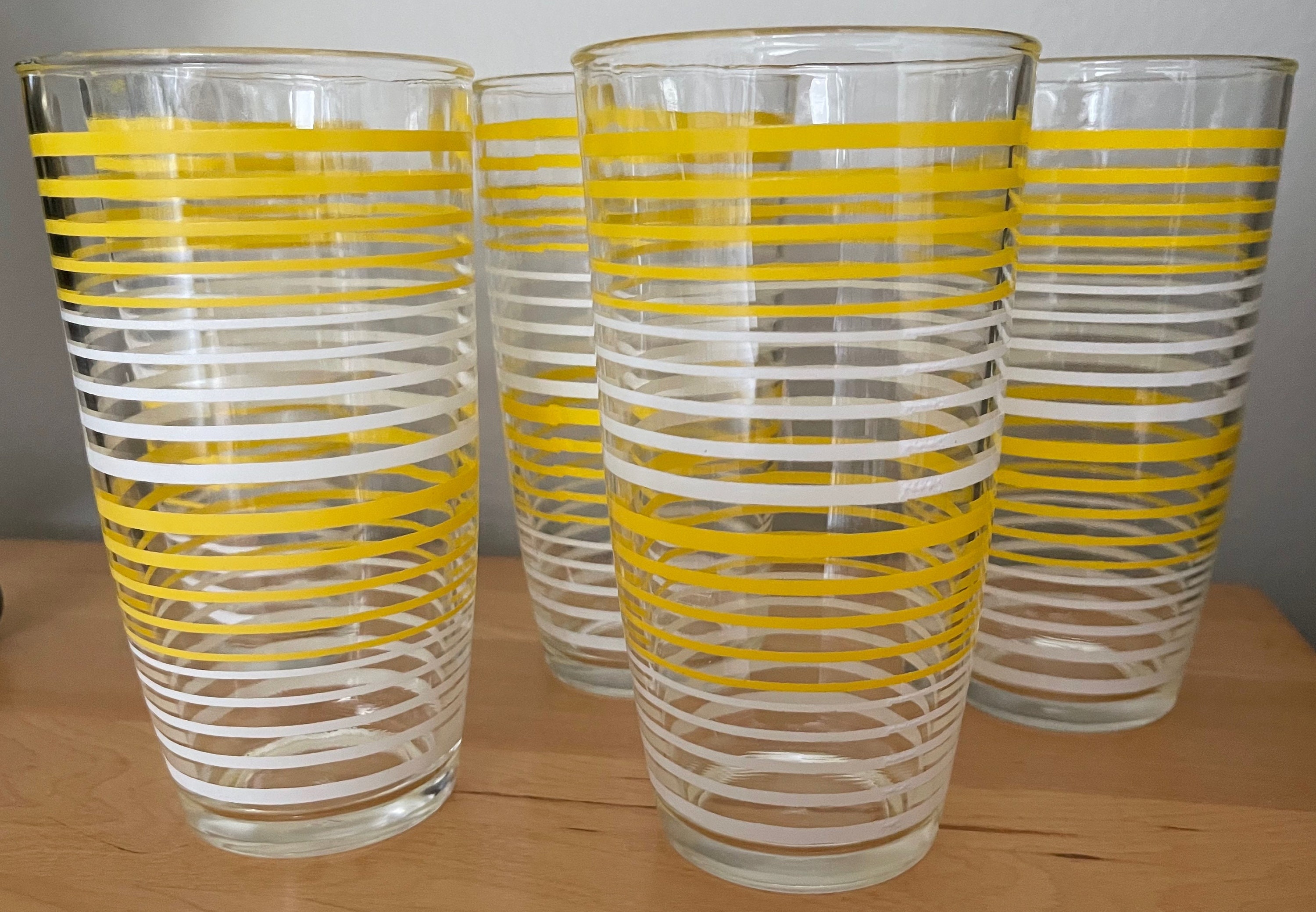 Nice Vintage 60s Yellow White Horizontal Stripes Hazel Atlas Glasses Mid  Century Drinkware