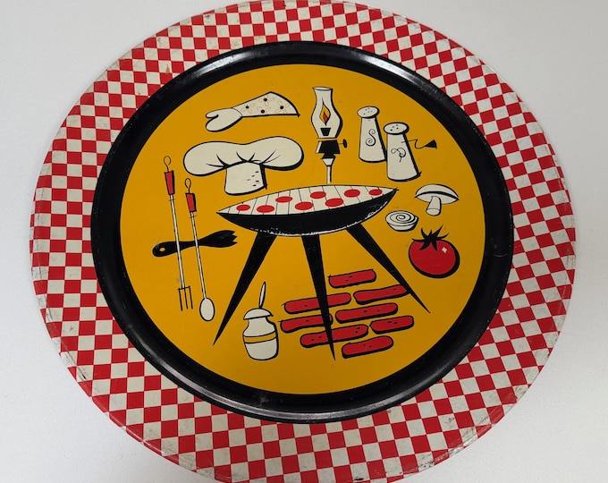 Vintage MCM Round Metal BBQ Tray Barbecue Mid Century Cookout Modern 50s Kitsch