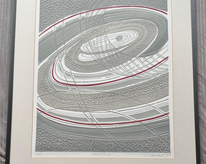 Vintage 80s M. Tomchuk Embossed Collagraph Print Modern Art Signed Framed Matted Cosmic Swirl