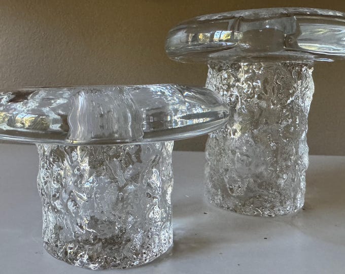 Vintage Sculptural Clear Glass Mushroom Candle Holders Mid Century MCM Modern 70s